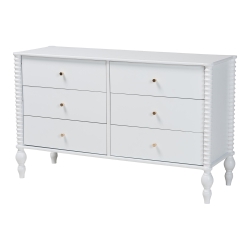 Baxton Studio Callison Spindle Dresser - 6-Drawer Farmhouse Horizontal Cabinet with Turned Accents for Bedroom, White